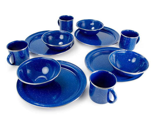 GSI Pioneer Camp Dining Set for 4 - Enamel Plates, Bowls & Mugs